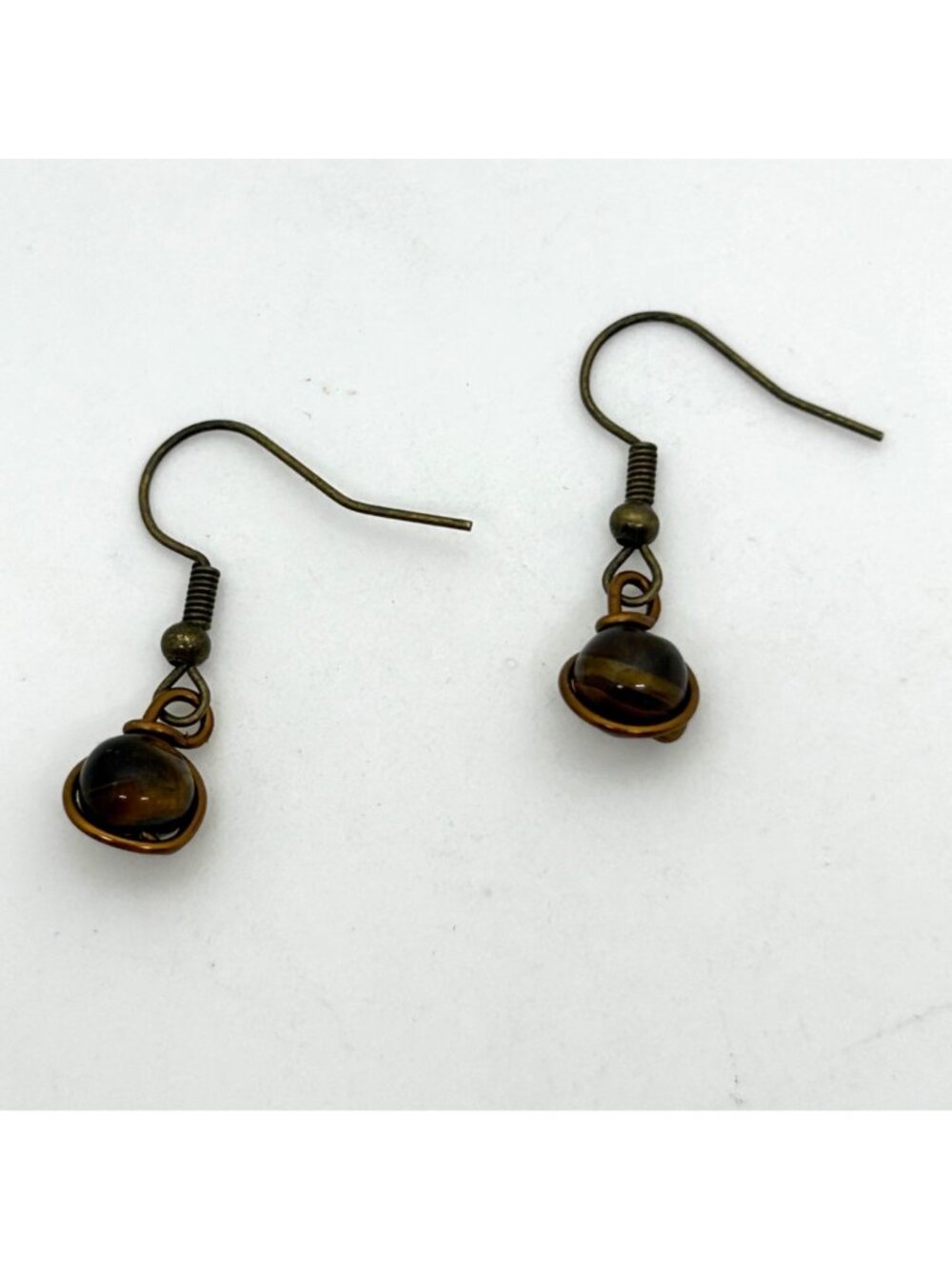 Handmade Tiger Eye Earrings, Bronze Tone Wire-Wrapped Gemstone Bead Dangle Drop - Picture 2 of 10